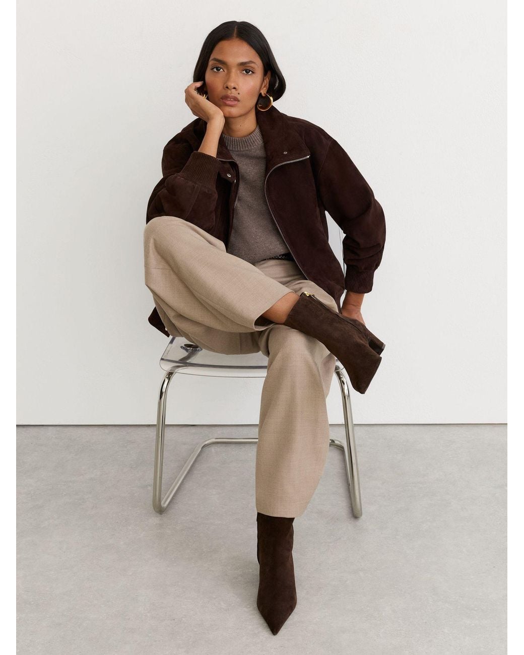Reiss Brown Leather Pointed-Toe Low-Heel Ankle Boots
