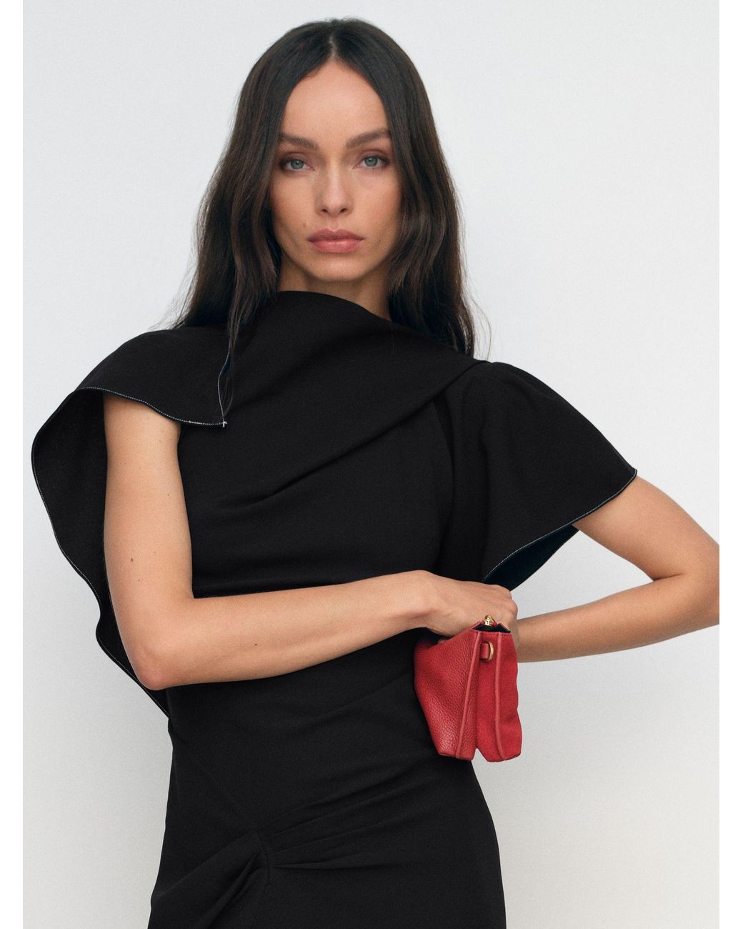 Reiss Black Asymmetric Draped Midi Dress