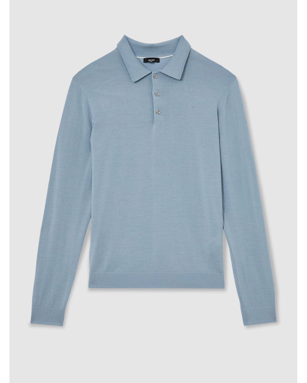 Reiss Blue Merino Wool Long-Sleeve Polo Shirt for men