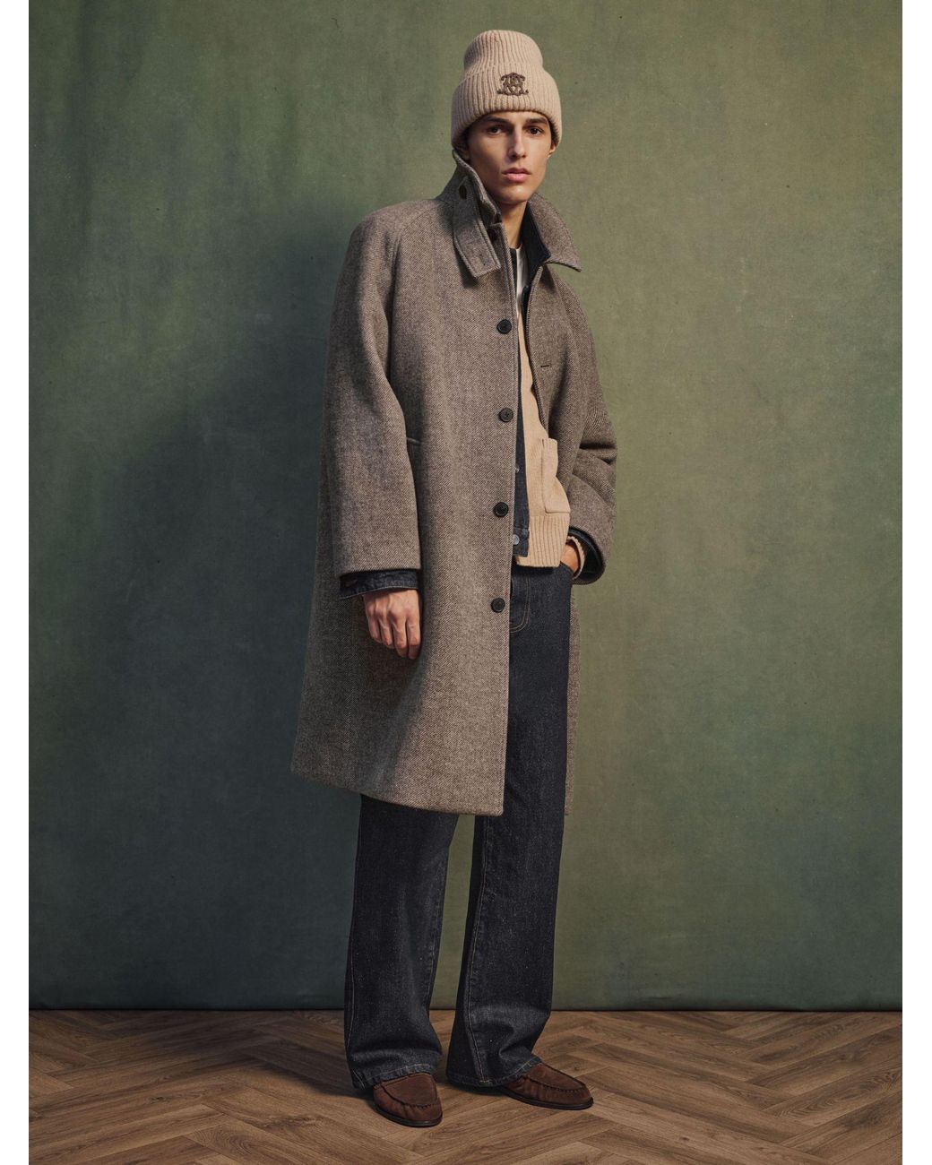 Reiss Black Monogram Wool-Blend Twill Relaxed Raglan Overcoat for men