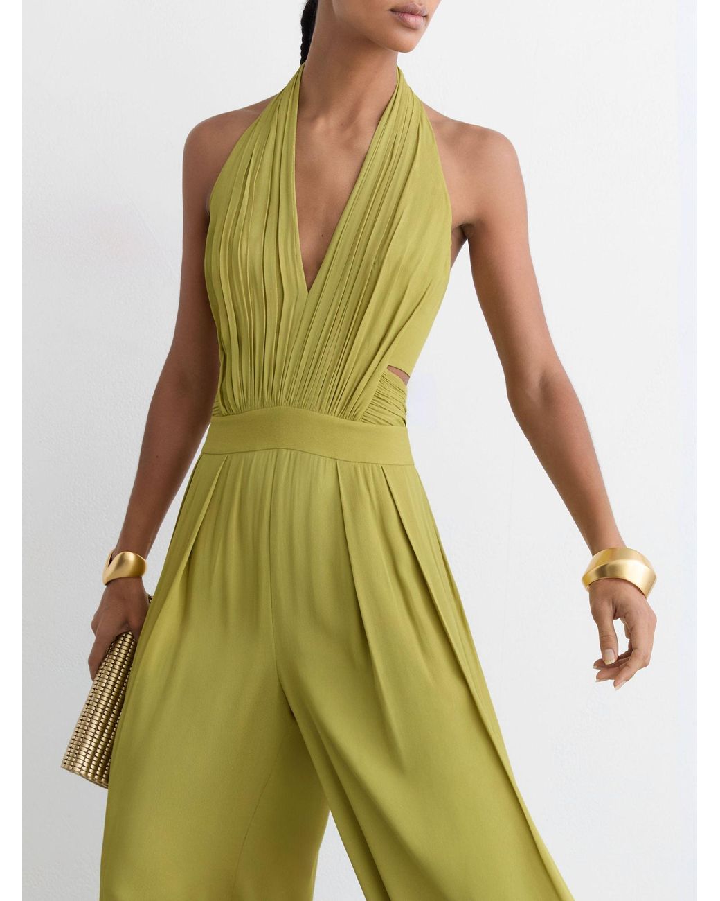 Reiss Lainey - Green Halterneck Pleated Wide-leg Jumpsuit, Us 10