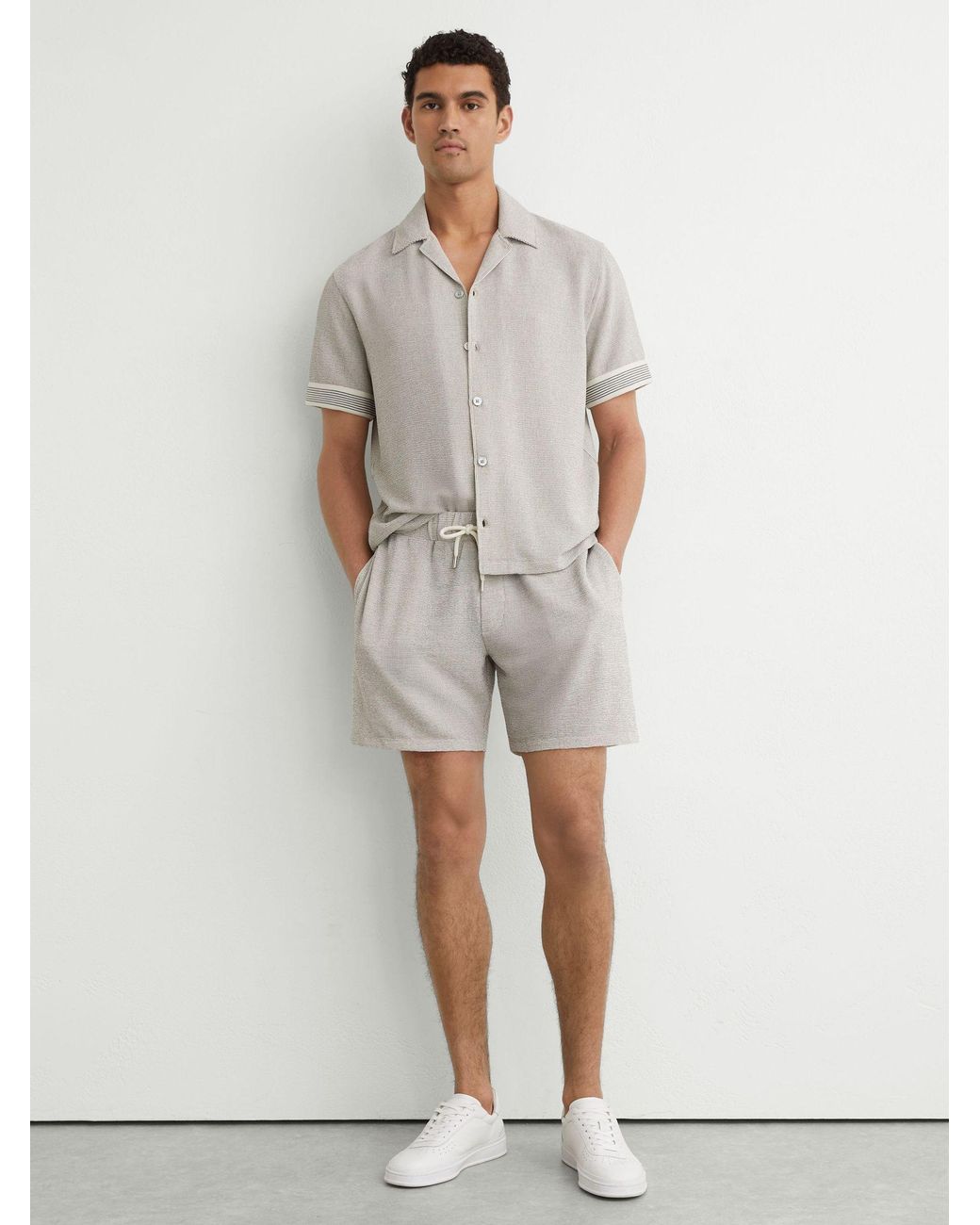 Reiss Natural Textured Stripe Drawstring Shorts for men