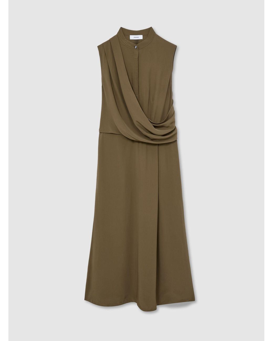Reiss Natural Drape-Detail Band-Collar Midi Dress