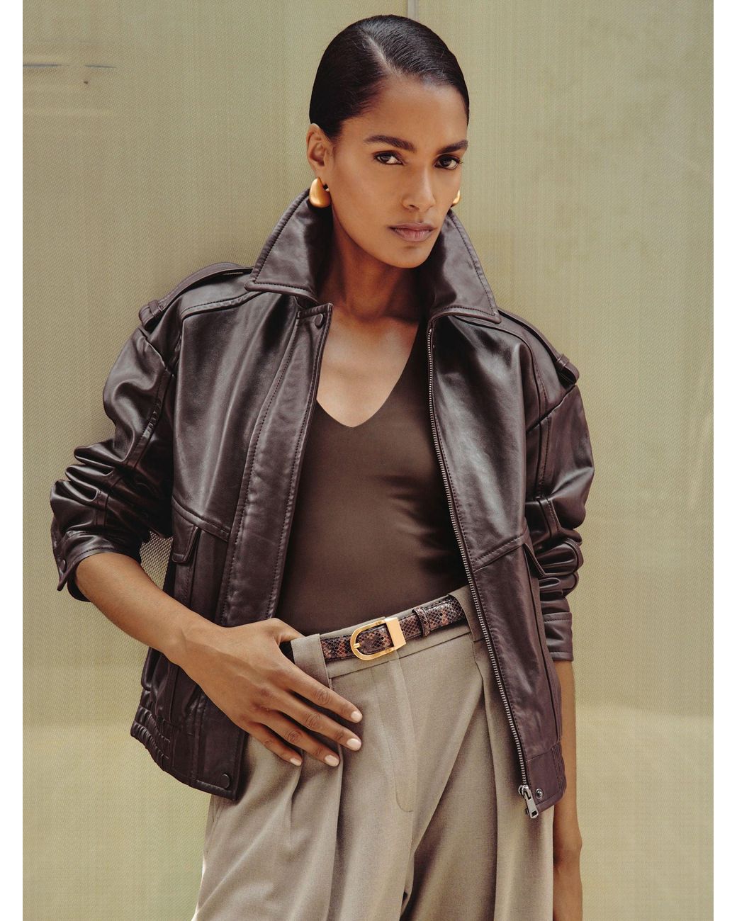 Reiss Brown Peyton Oversized Leather Jacket