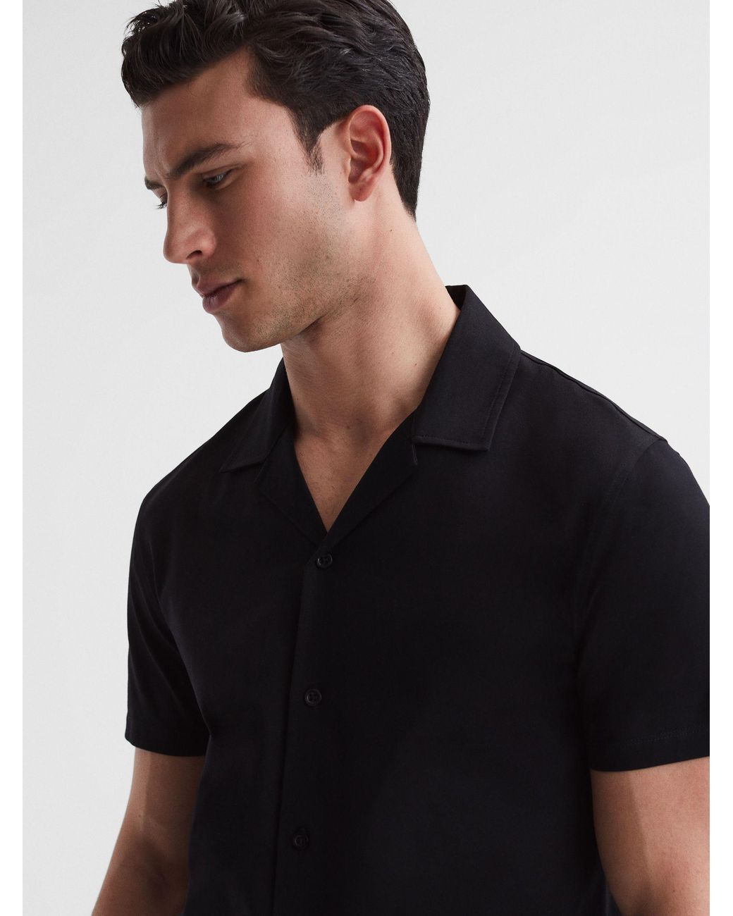 Reiss Caspa - Black Mercerised Jersey Cuban Collar Shirt, S for men
