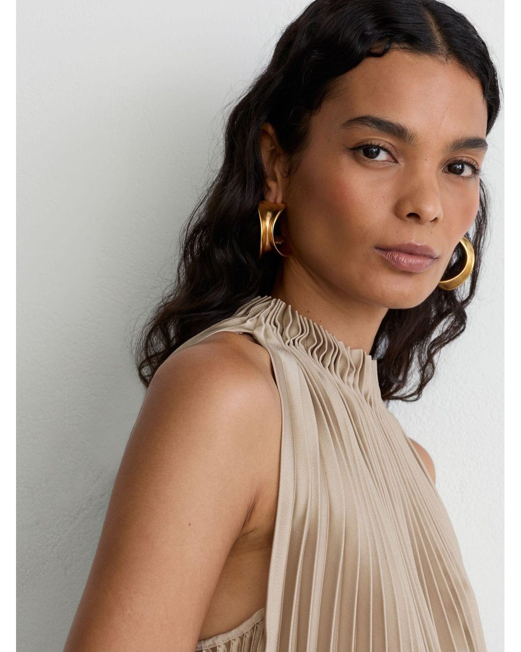Reiss Natural Satin Pleated High-Neck Sleeveless Top