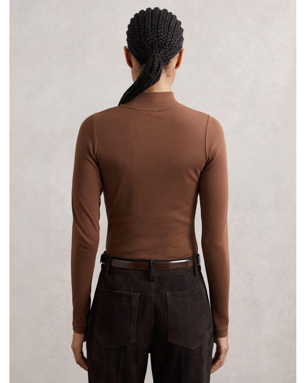 Reiss Brown Stretch-Cotton Funnel-Neck Top
