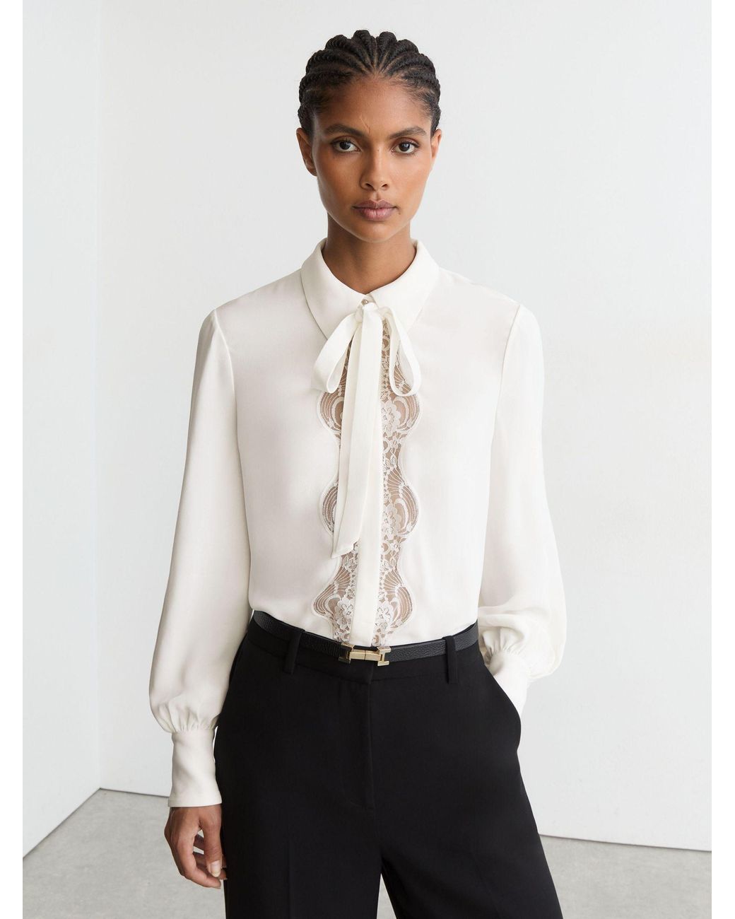 Reiss White Lace-Trim Tie-Neck Blouson Shirt