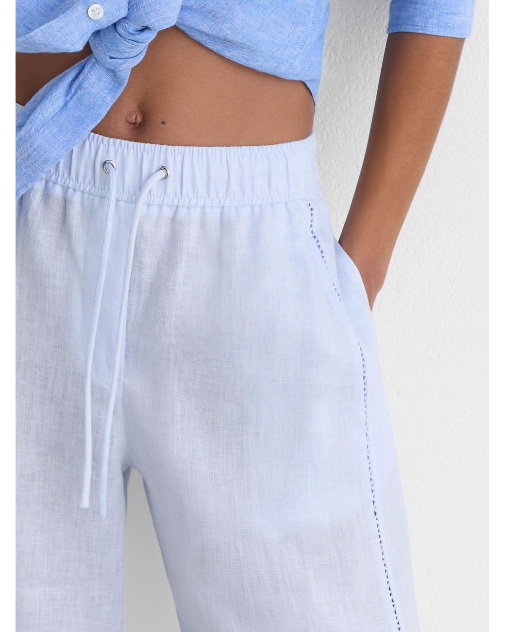 Reiss Riley - Silver Blue Linen Ladder-embroidery Wide-leg Trousers, Us 8 Long