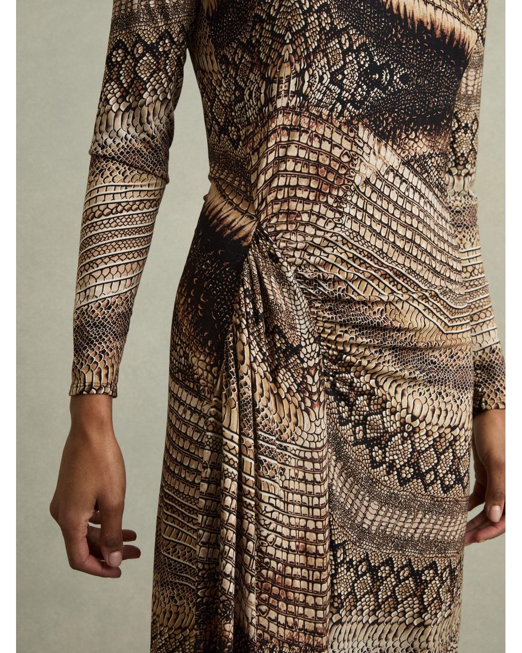 Reiss Natural Naomi - Brown Snake-print Draped Midi Dress, S (us 4-6)