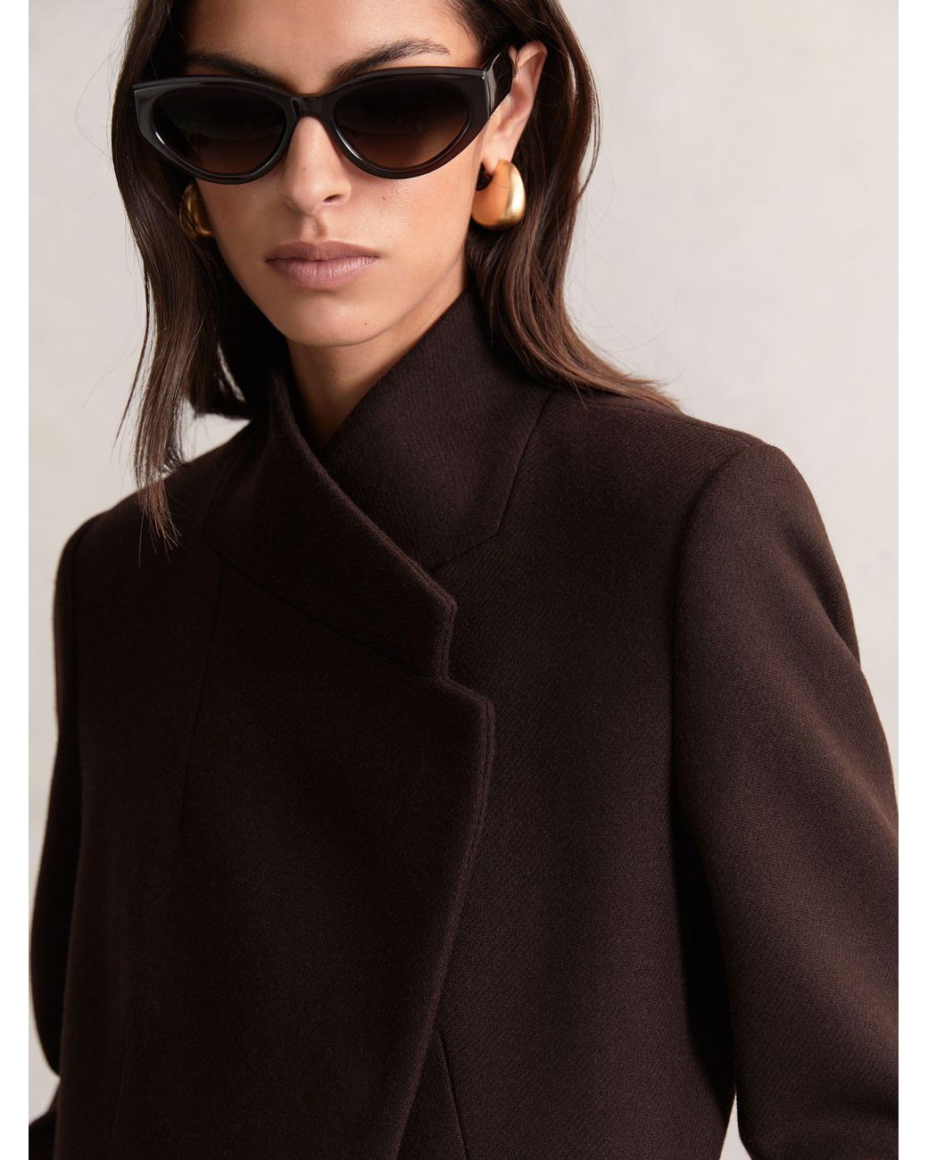 Reiss Brown Petite Wool-Blend Wrapover Mid-Length Coat