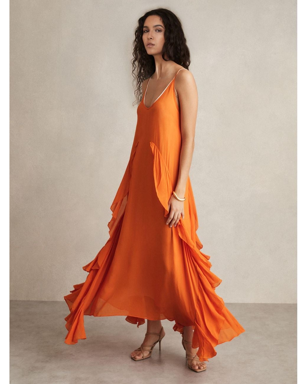 Reiss Eden - Orange Ruffle Detail Maxi Dress, Us 4