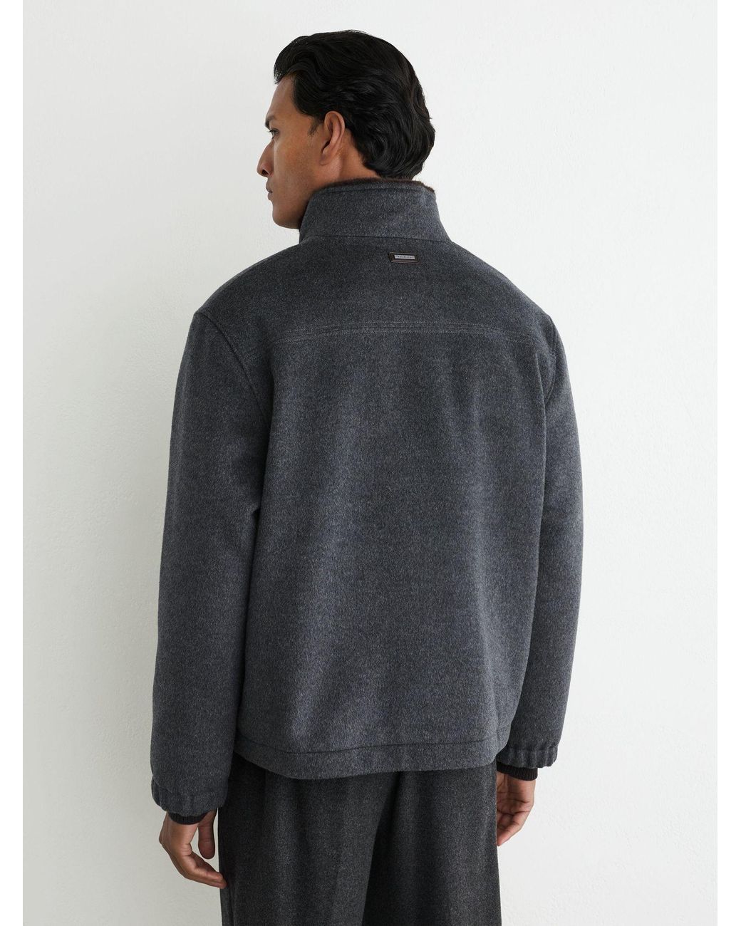 Reiss Black Wool-Blend Faux-Fur Trim Funnel Jacket for men
