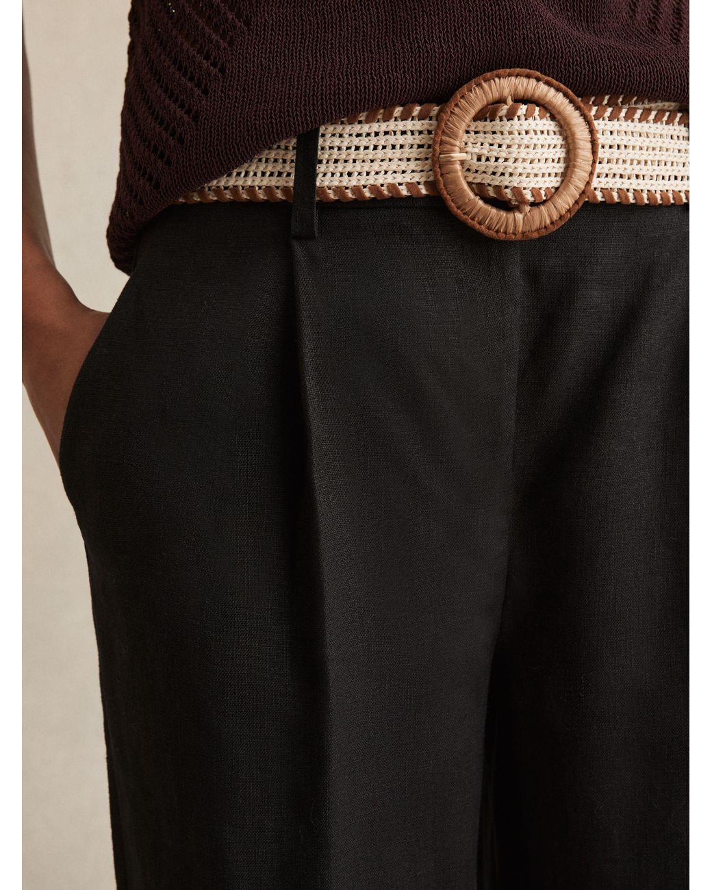 Reiss Natural Linen Belted Tapered Trousers