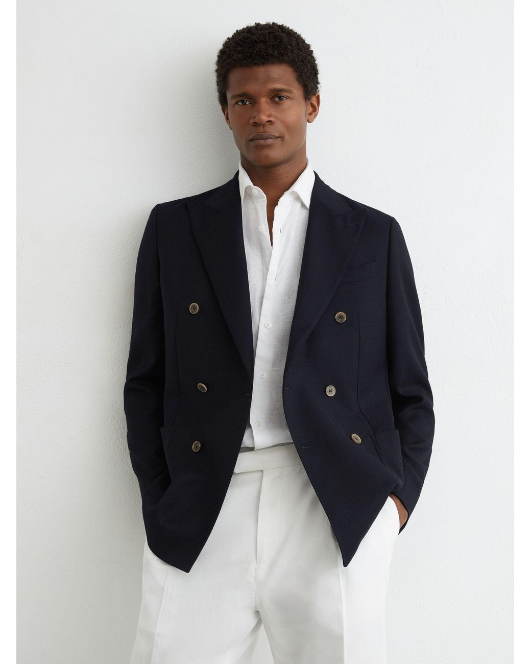 Reiss White Tailored Fit Wool Herringbone Double-Breasted Blazer for men