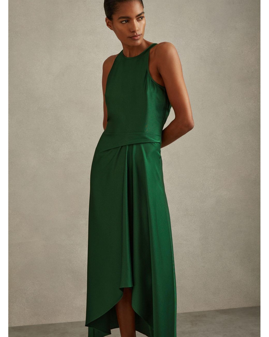 reiss micah dress green Reiss Satin Drape Tuck Midi Dress in Green