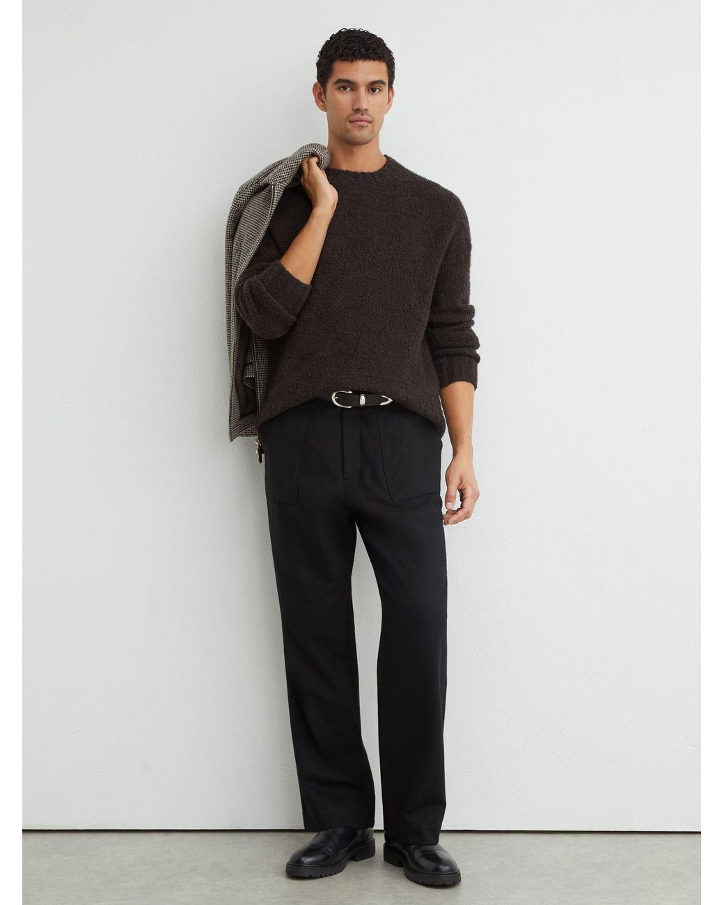 Reiss Black Wool-Cashmere Bouclé Square-Knit Jumper for men