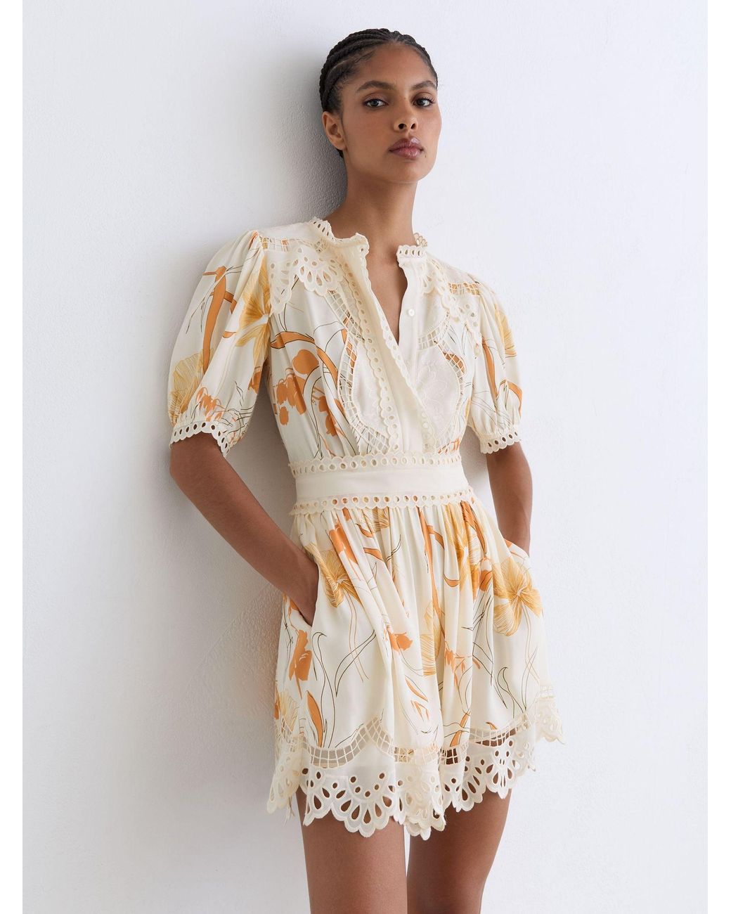 Reiss White Floral-Print Lace-Trim Mini Dress