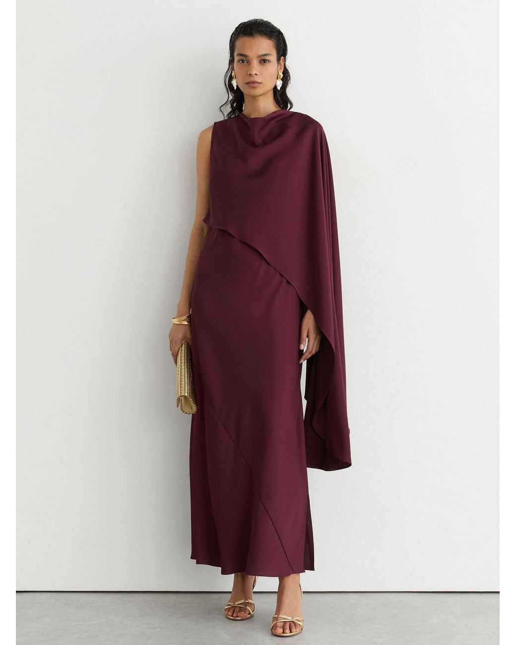 Reiss Red Asymmetric Cape-Detail Maxi Dress