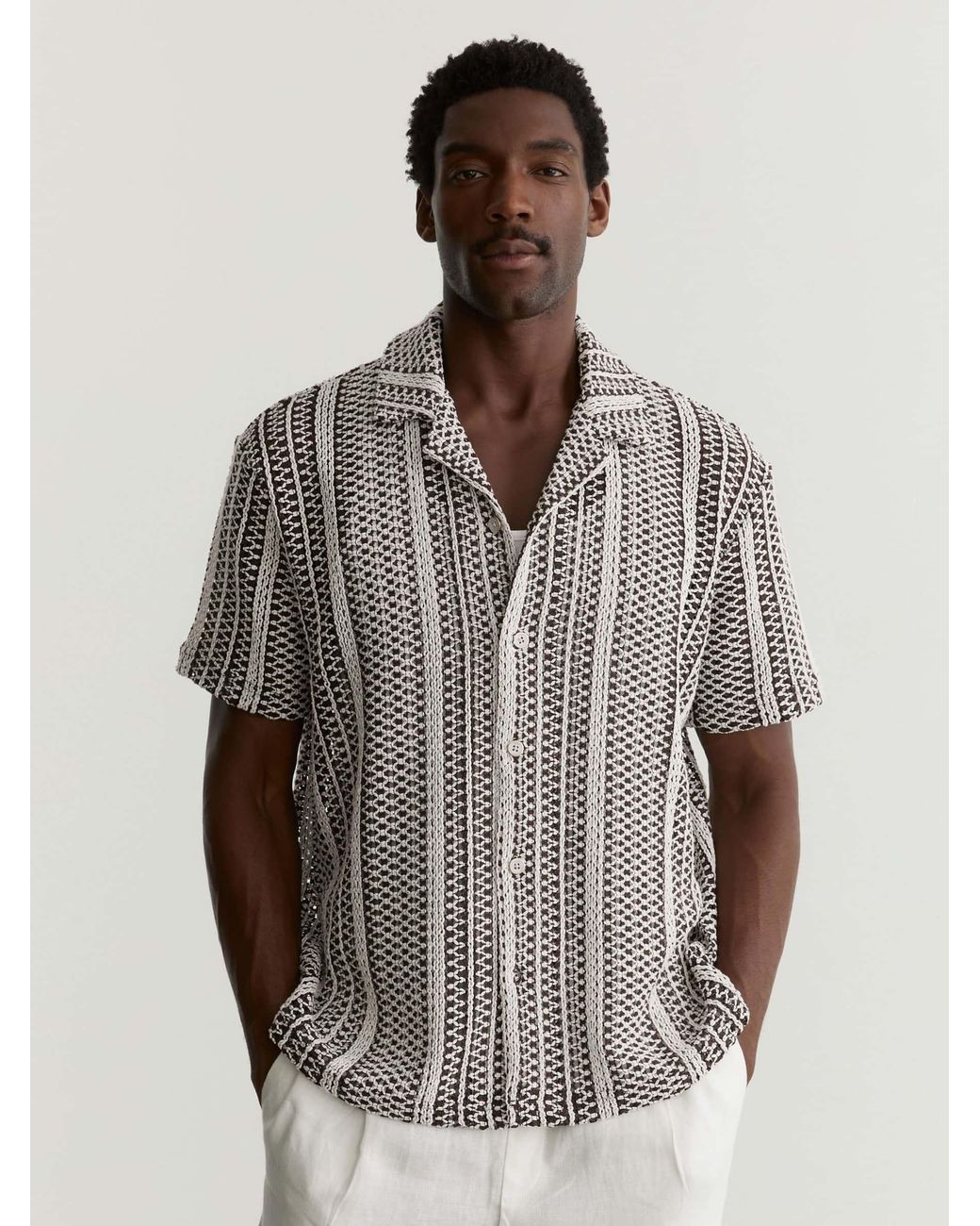 Reiss Gray Aetos - Dark Brown Crochet Stripe Cuban-collar Shirt, S for men