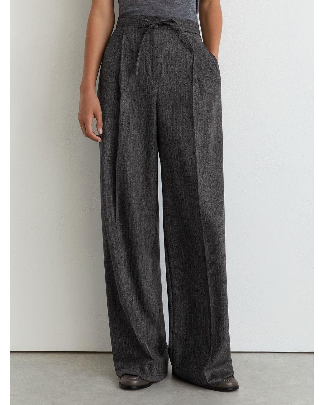 Reiss Gray Wool-Blend Herringbone Wide-Leg Trousers