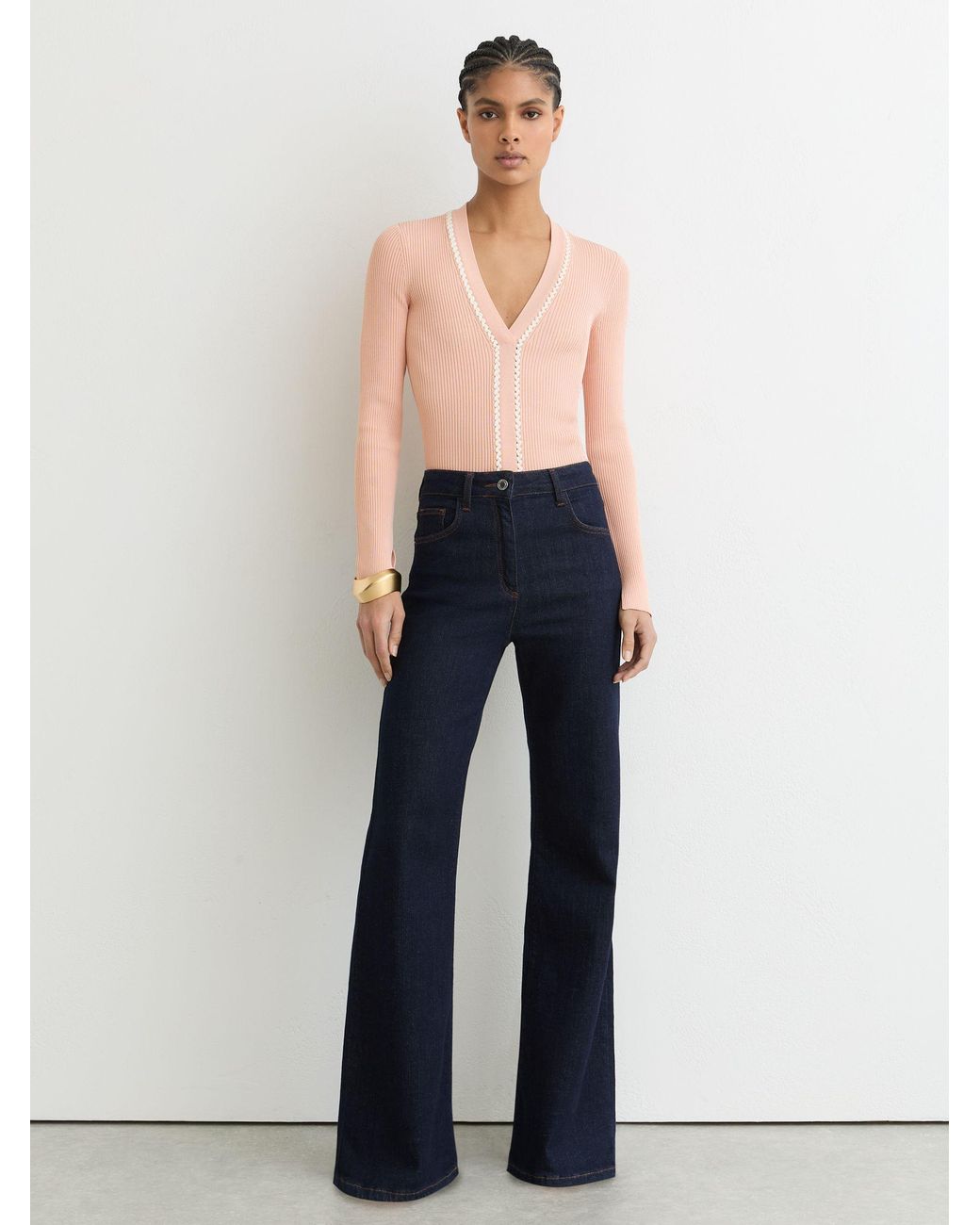 Reiss Blue Lauri - Pink/ivory Craft-stitch Rib-knit Top, L (us 12-14)