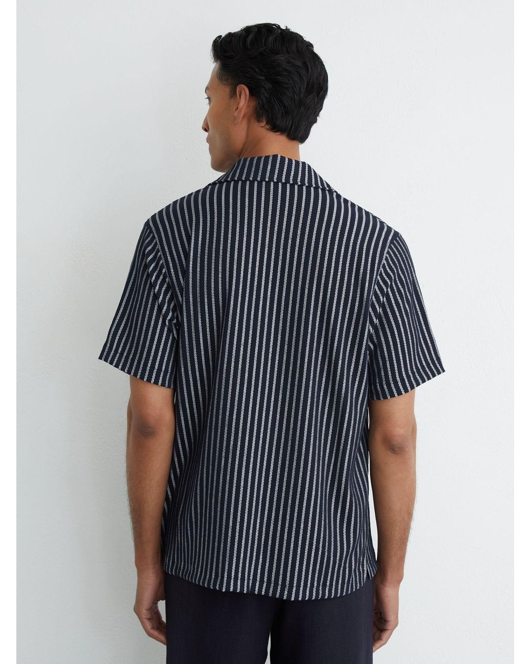 Reiss Blue Textured Stripe Cuban-Collar Shirt for men
