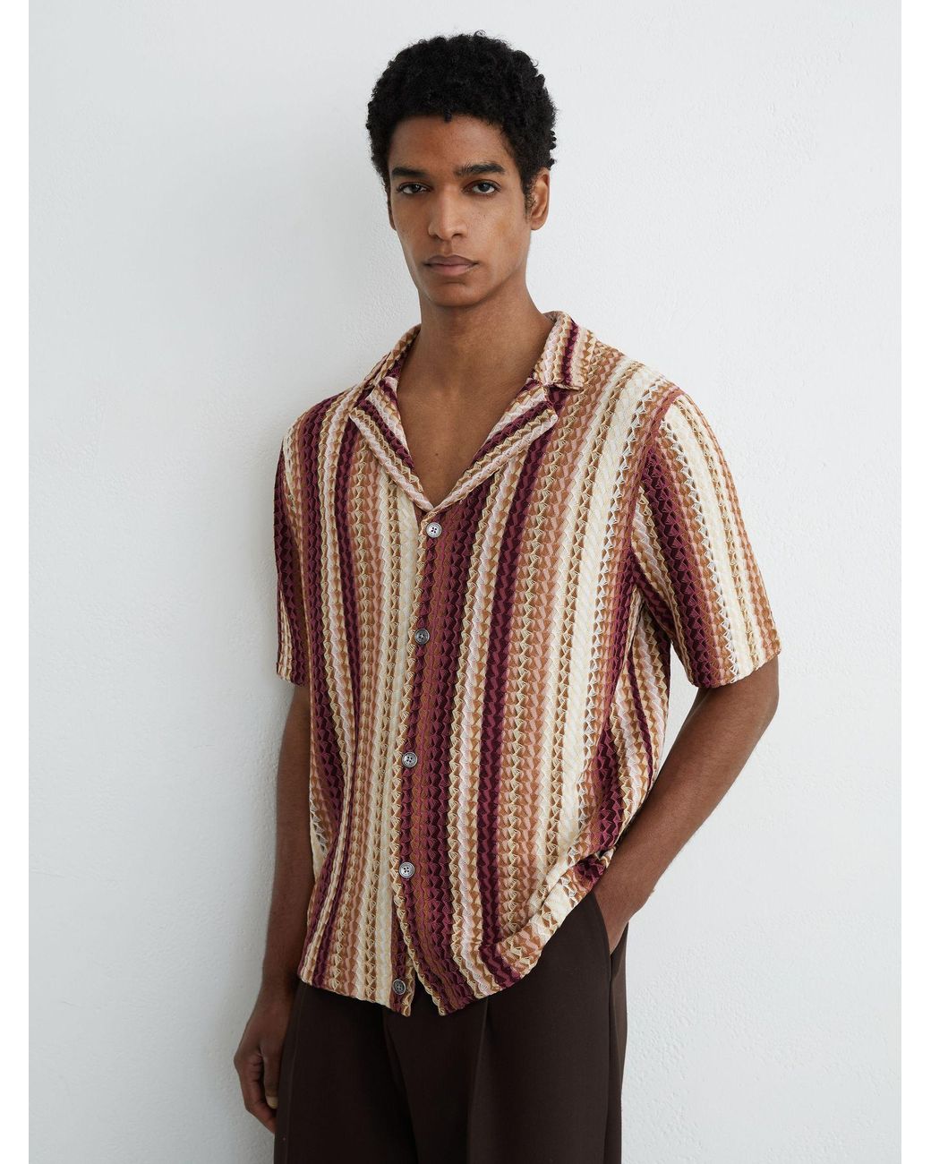 Reiss White Stripe-Knit Cuban-Collar Shirt for men