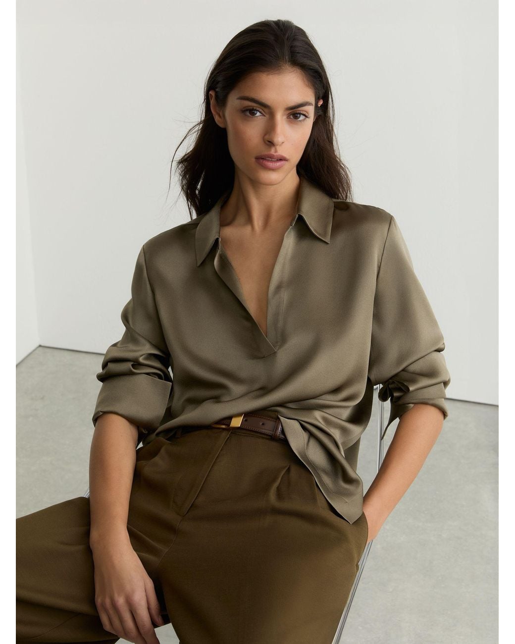 Reiss Brown Silk Open-Collar Blouse