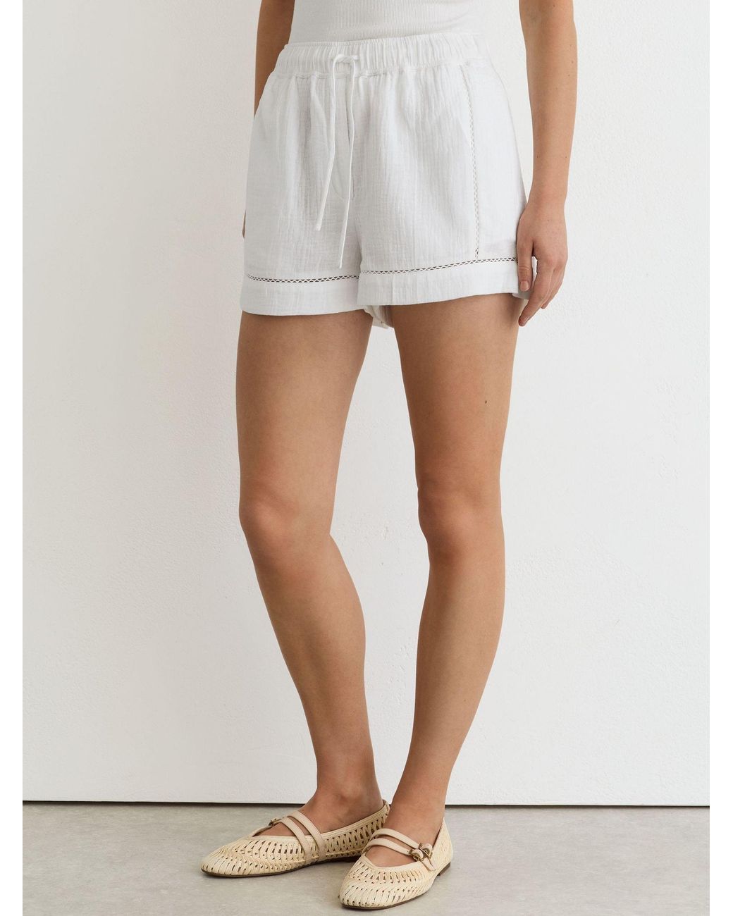 Reiss White Cotton Cheesecloth Stitch-Detail Shorts