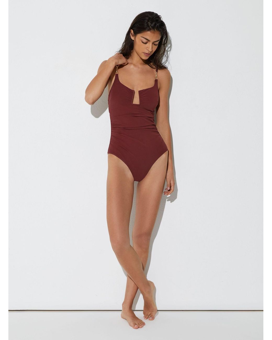 Reiss Green Cut-Out Detail Ruched Swimsuit