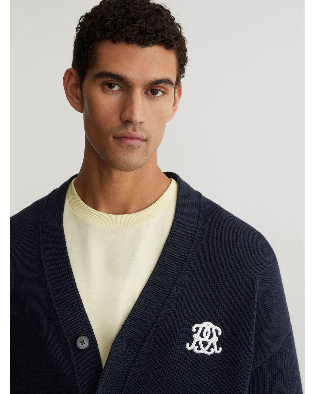 Reiss Blue Monogram-Embroidered Relaxed Cardigan for men