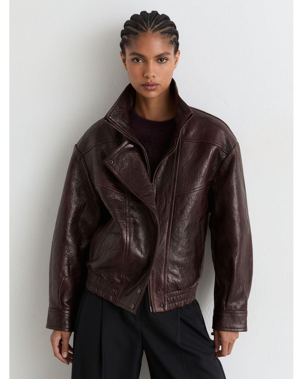 Reiss Brown Aubergine Petra Textured Leather Oversized Jacket
