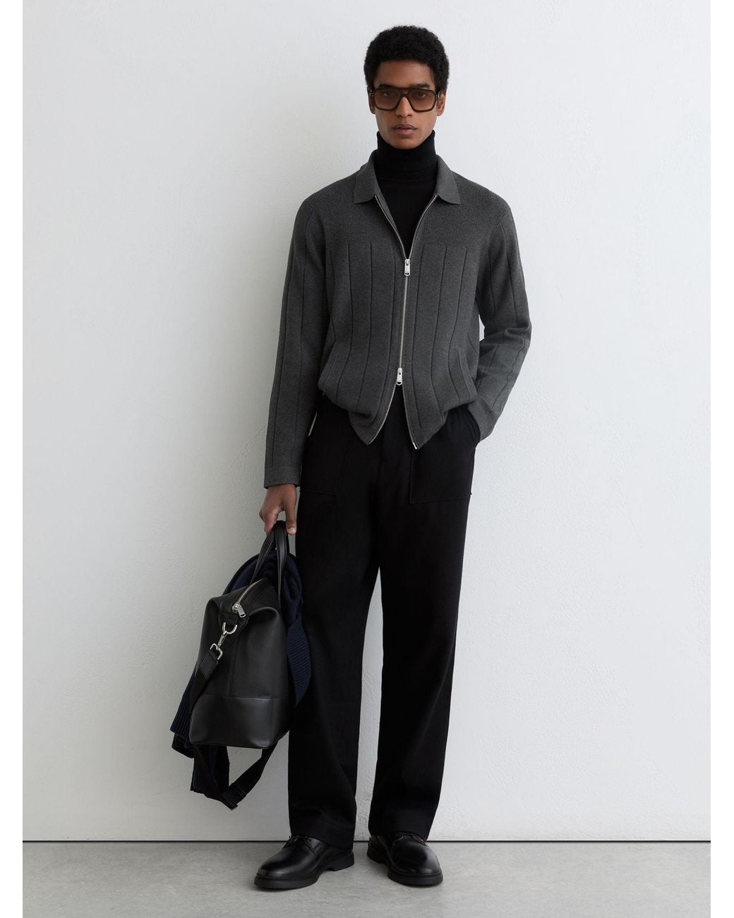 Reiss Black Cassius - Charcoal Melange Wide-rib Zip-through Cardigan, M for men