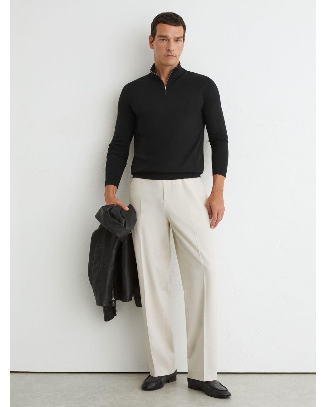 Reiss Black Merino Wool Half-Zip Jumper for men