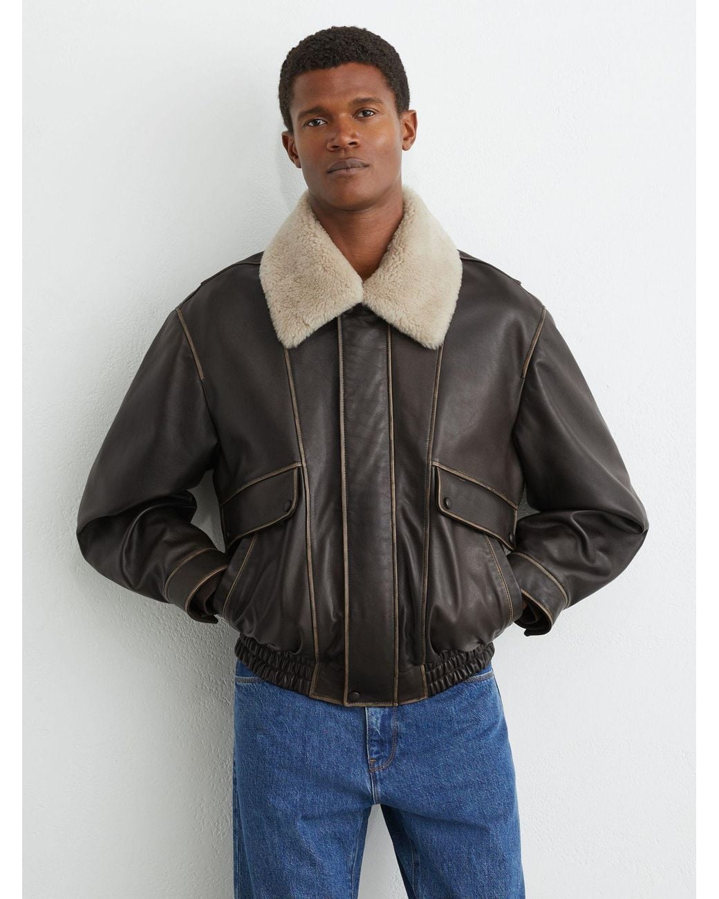 Reiss Blue Leather Shearling-Collar Aviator Jacket for men
