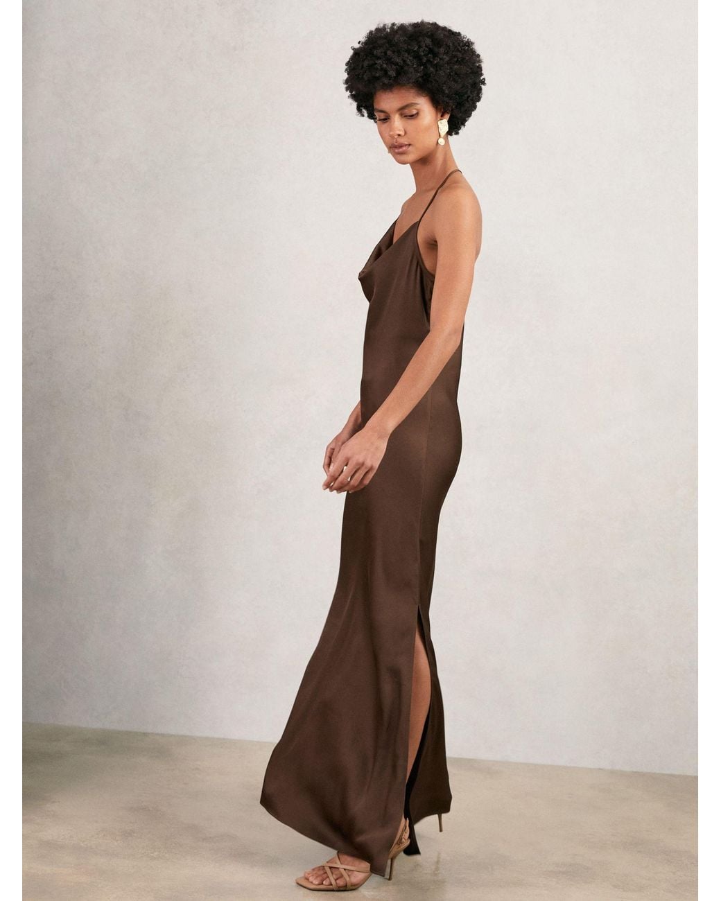 white christmas dresses Chocolate brown midi satin slip dress 'Majestic' – Serena Silueta main image 1