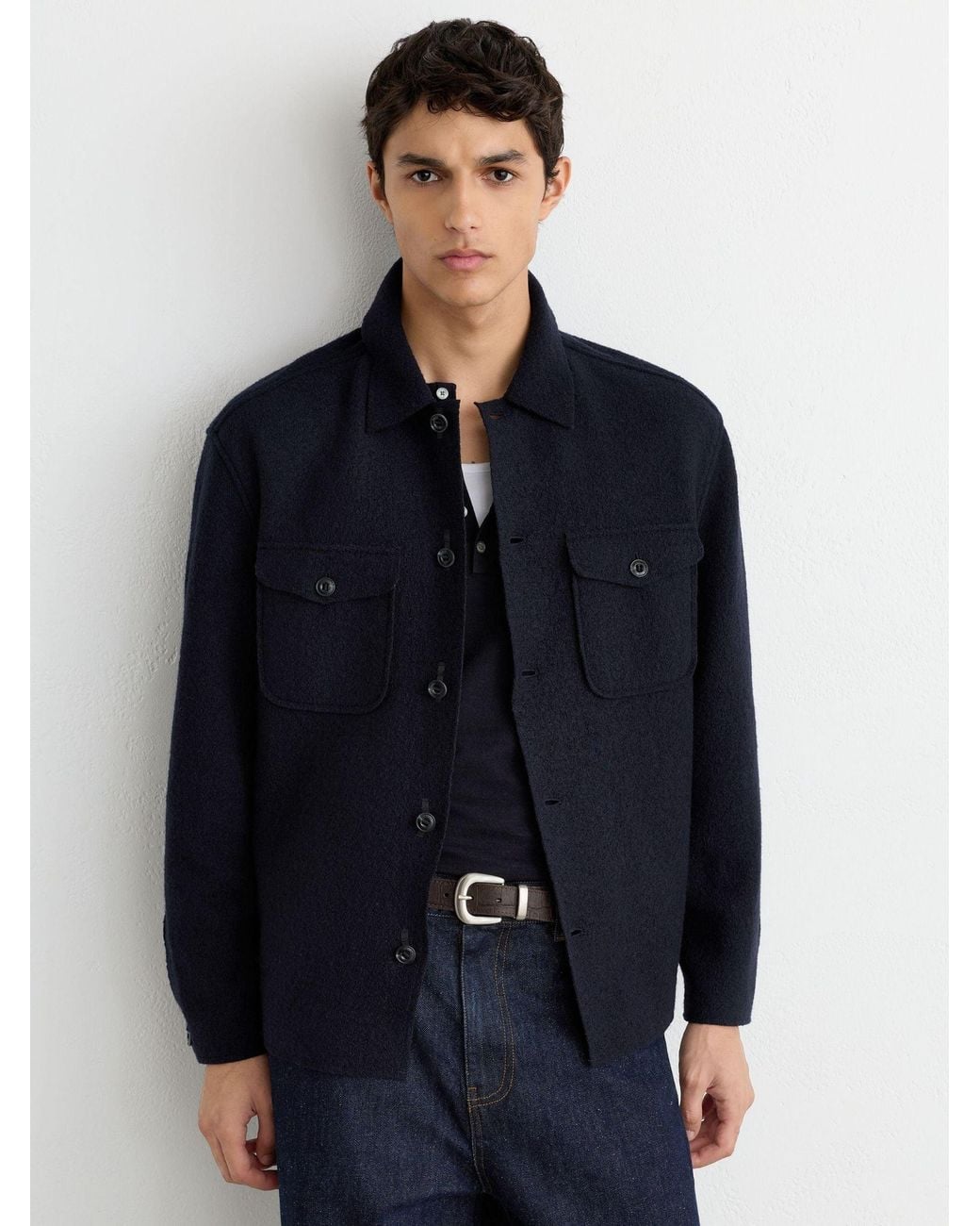 Reiss Blue Wool Twin-Pocket Button-Through Overshirt for men