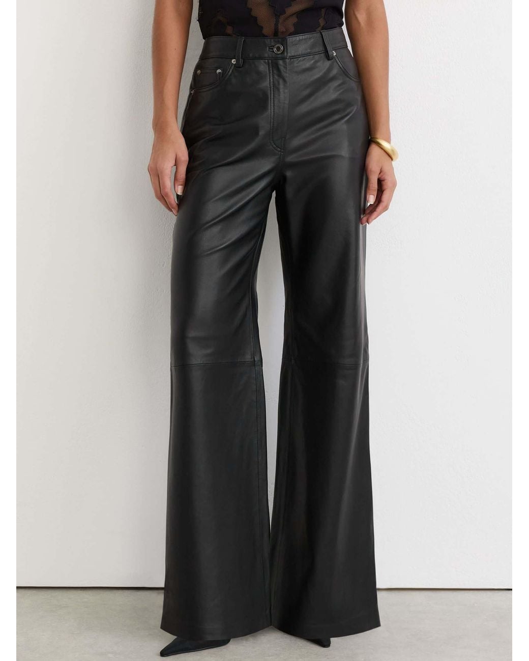 Reiss Black Leather High-Rise Wide-Leg Trousers