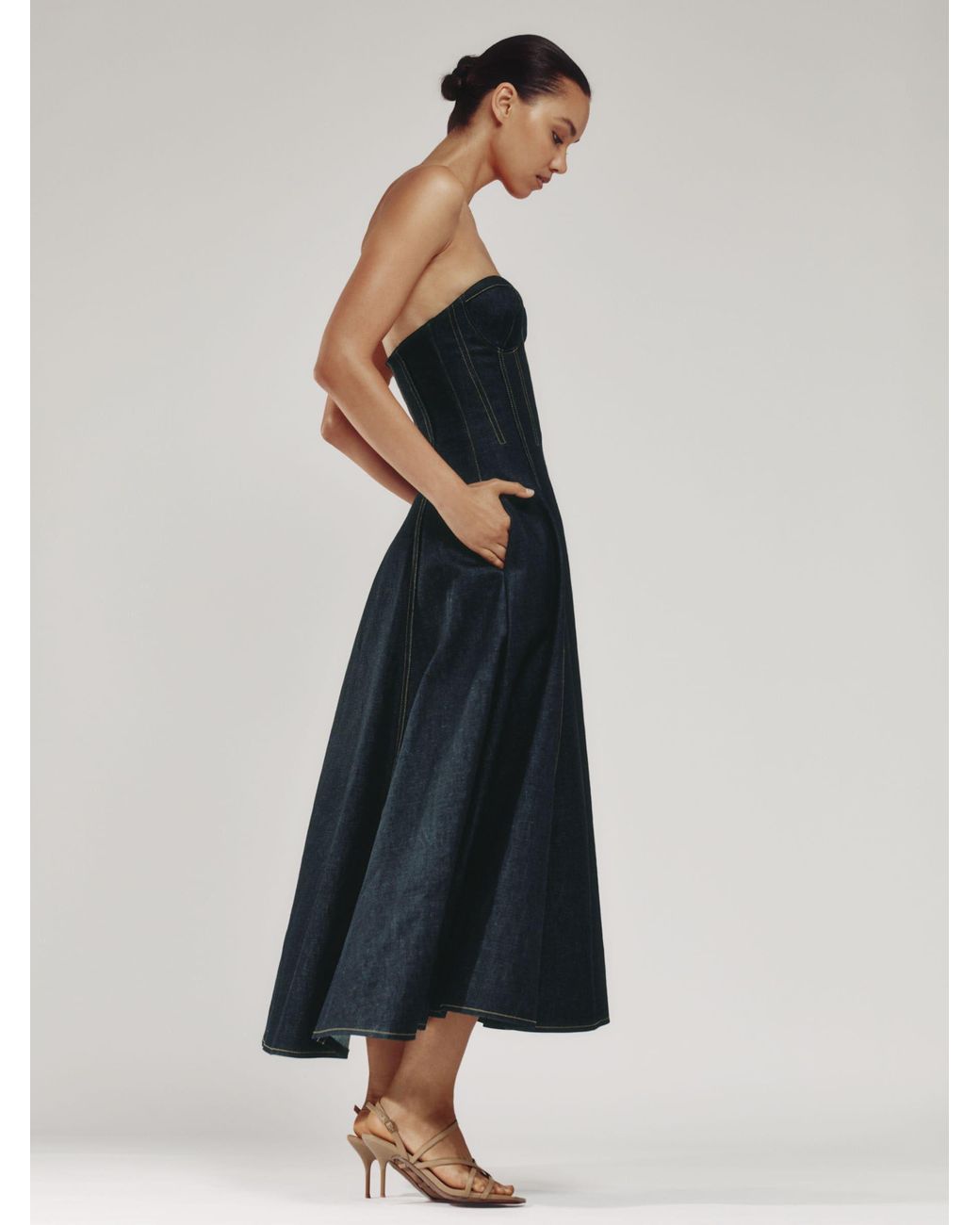 Reiss Blue Strapless Structured Denim Midi Dress