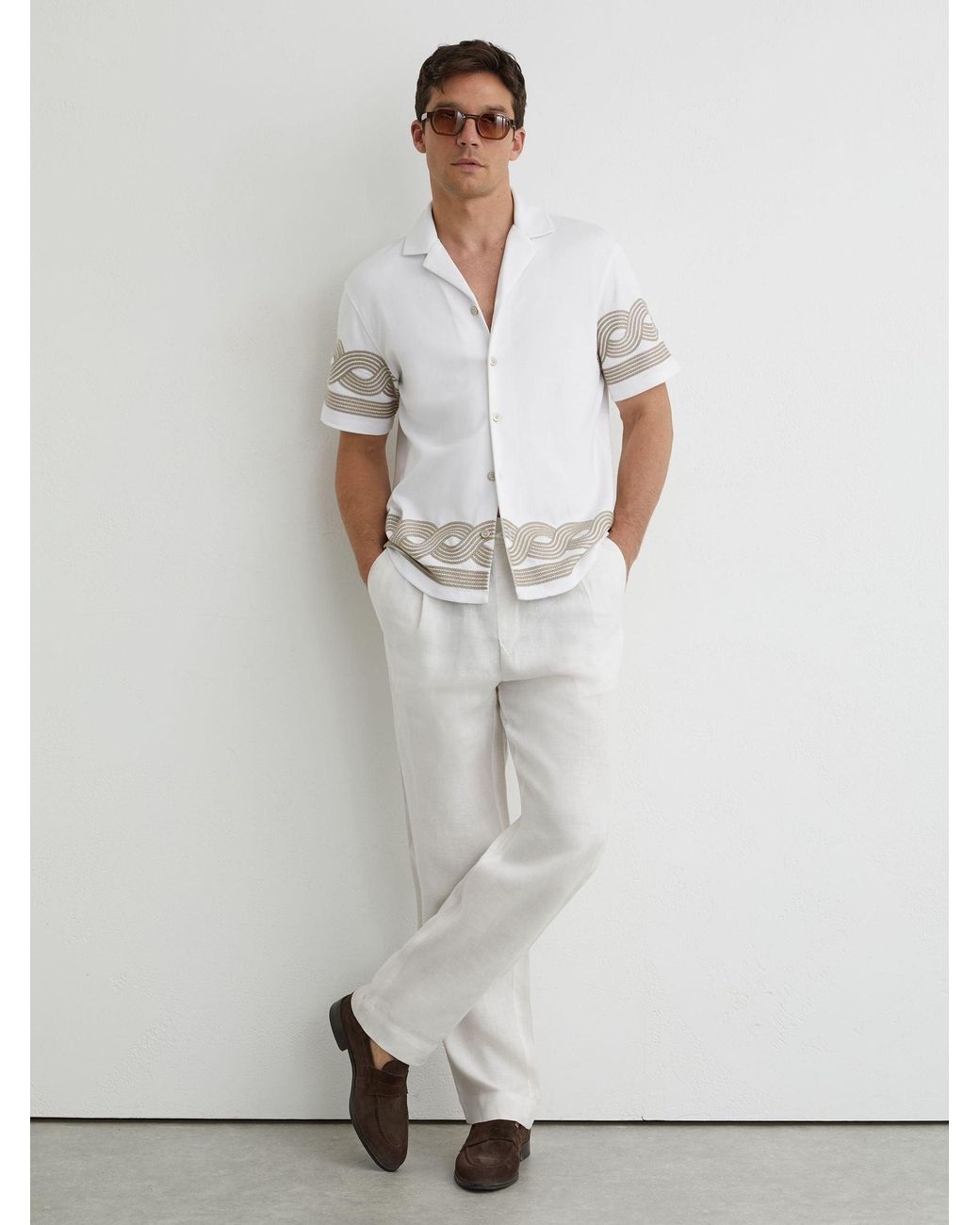 Reiss White Cotton-Blend Embroidered Cuban-Collar Shirt for men