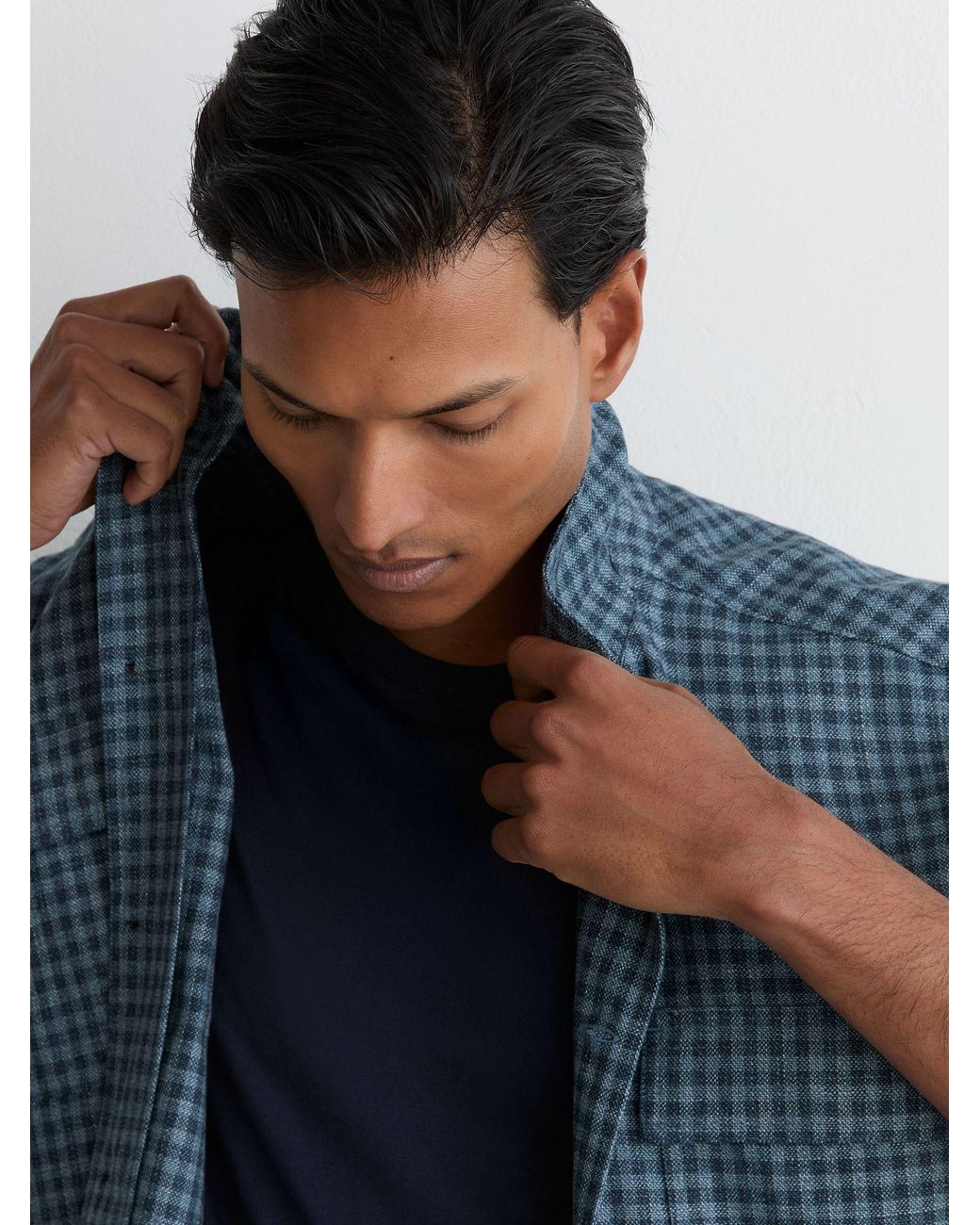 Reiss Blue Cotton-Linen Checked Overshirt for men