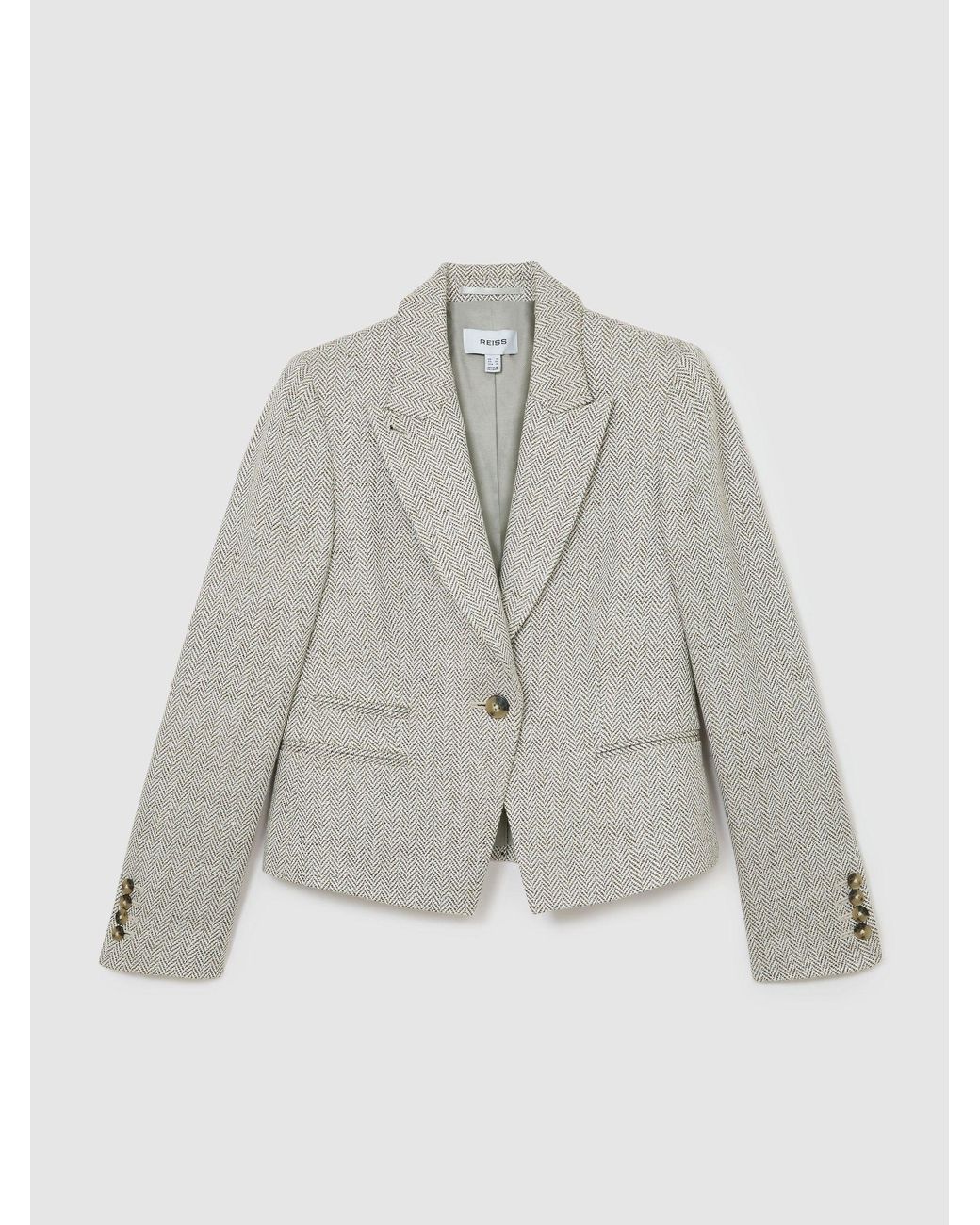 Reiss White Herringbone Linen-Blend Cropped Suit Blazer