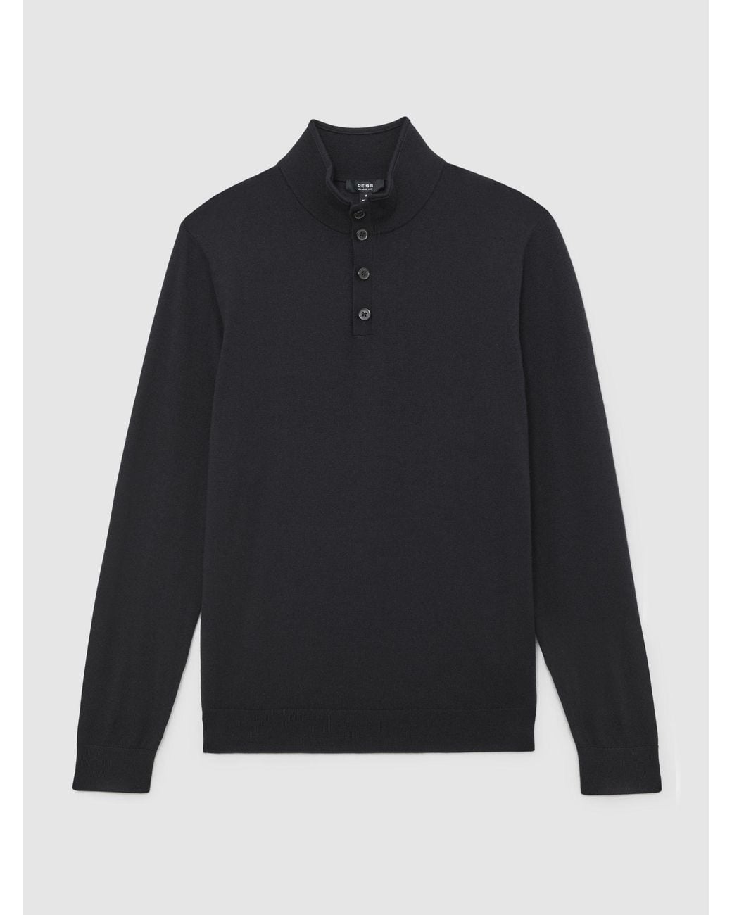 Reiss Black Merino Wool Half-Button Funnel Jumper for men