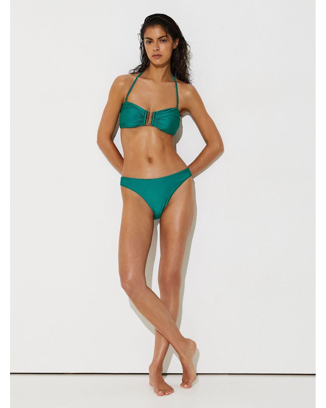 Reiss Green Shimmer Fixed-Side Bikini Bottoms