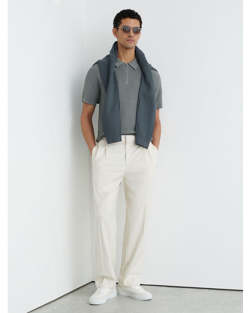 Reiss Gray Estate - Sage Textured-knit Half-zip Polo Shirt, M for men
