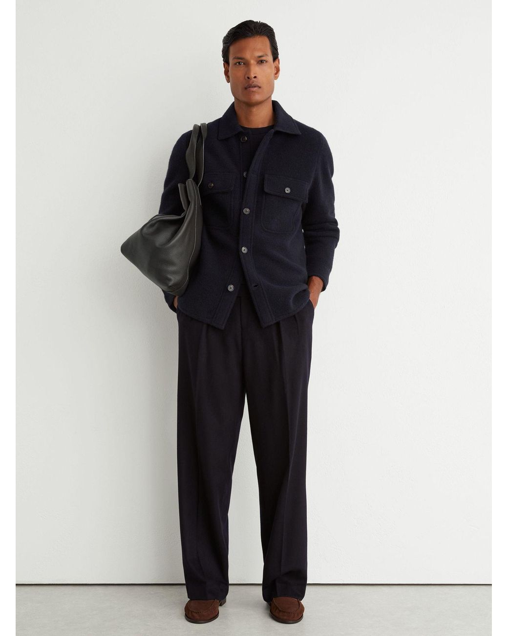 Reiss Blue Brushed Wool Button-Through Relaxed Overshirt for men