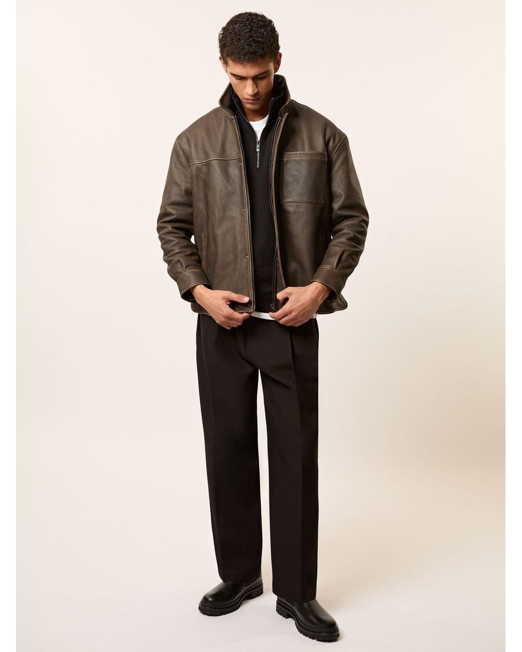 Reiss Pierce - Brown Monogram Embossed Leather Jacket Relaxed-fit, L for men