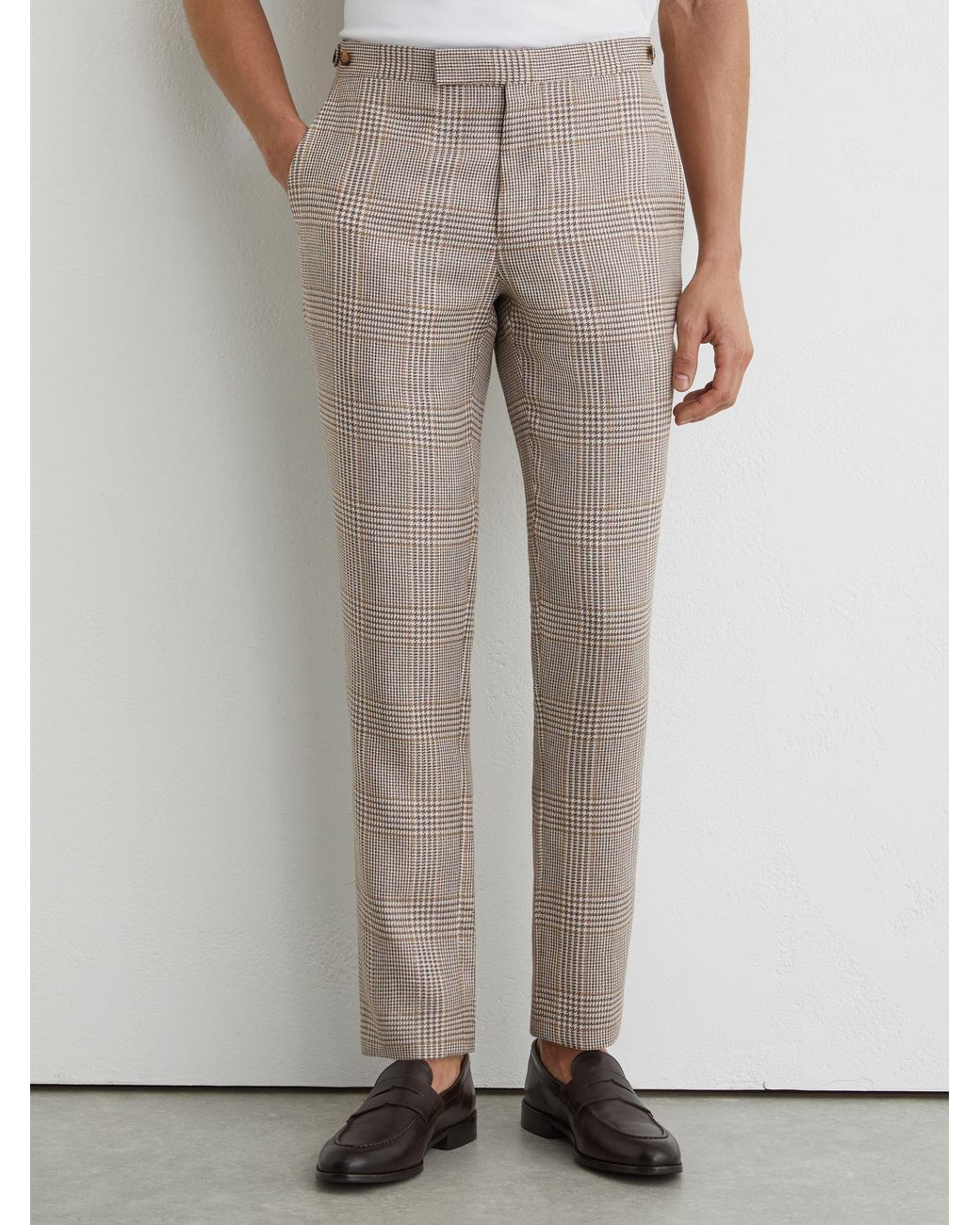 Reiss White Tailored Fit Linen-Wool Check Suit Trousers for men