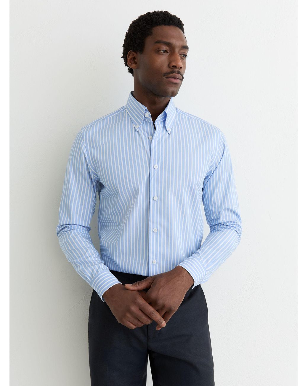 Reiss Blue Cotton Stripe Button-Down Shirt Regular-Fit for men